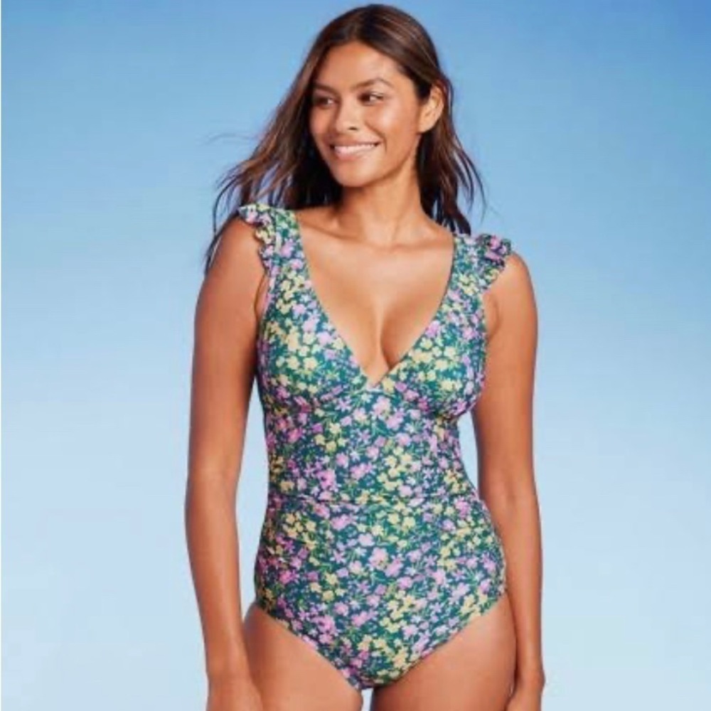 Floral Ruffle One-Piece Swimsuit - Green Floral
